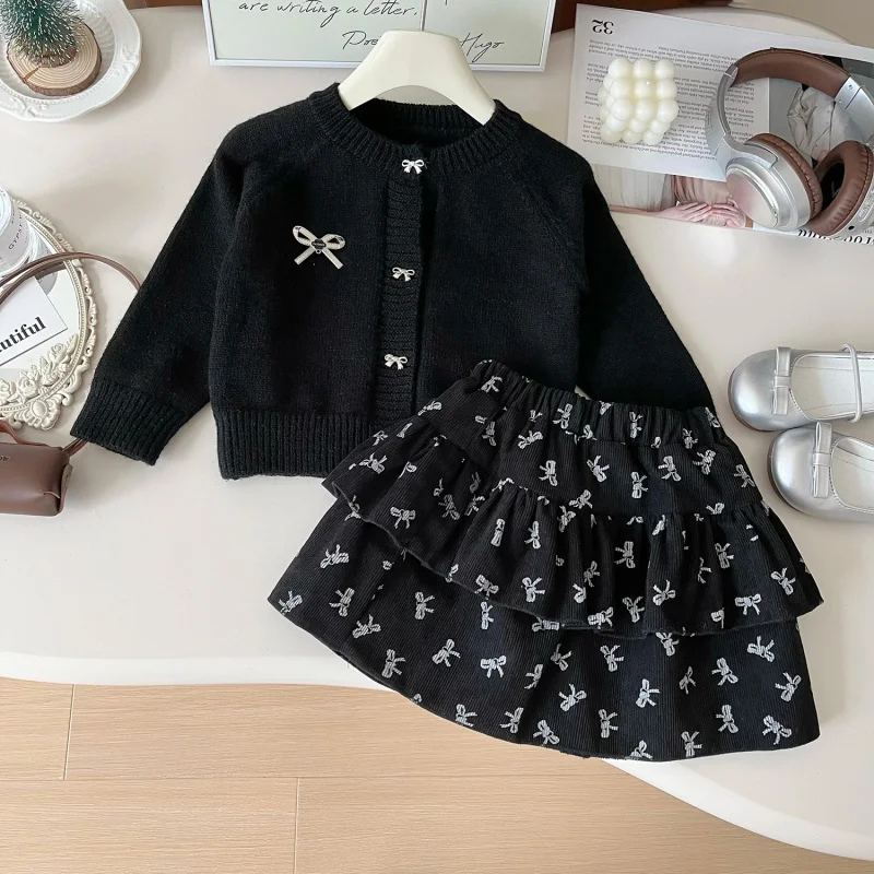 

Children's Outfit Dress New Autumn Girls' Trendy Bow Knit Sweater+Floral Short Skirt Two-Piece Set