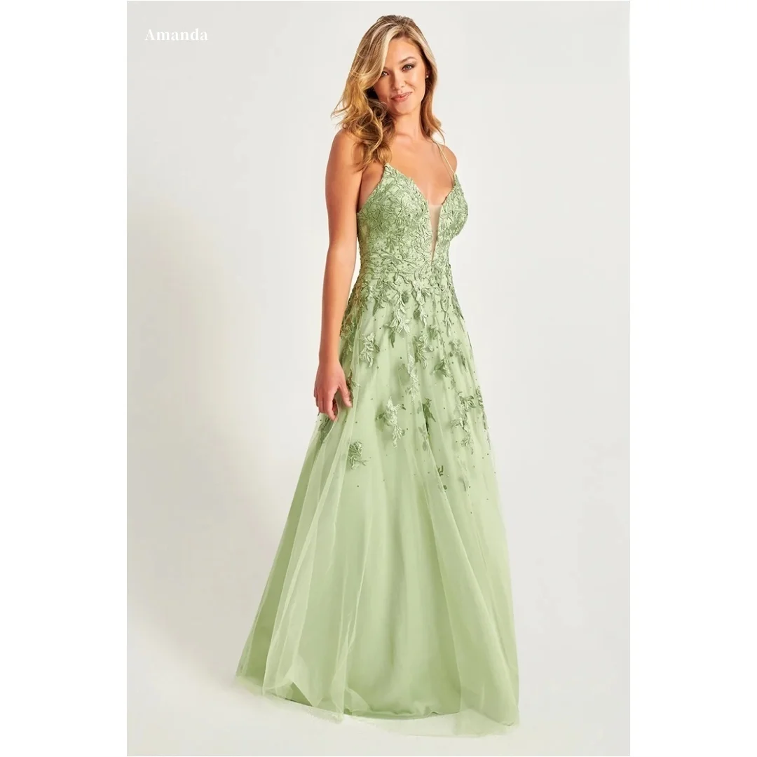 

Amanda Customized Spaghetti Strap Flowers Embroidery Prom Dress Mesh Fabric A-line vestidos de noche Floor-Length Formal Evening