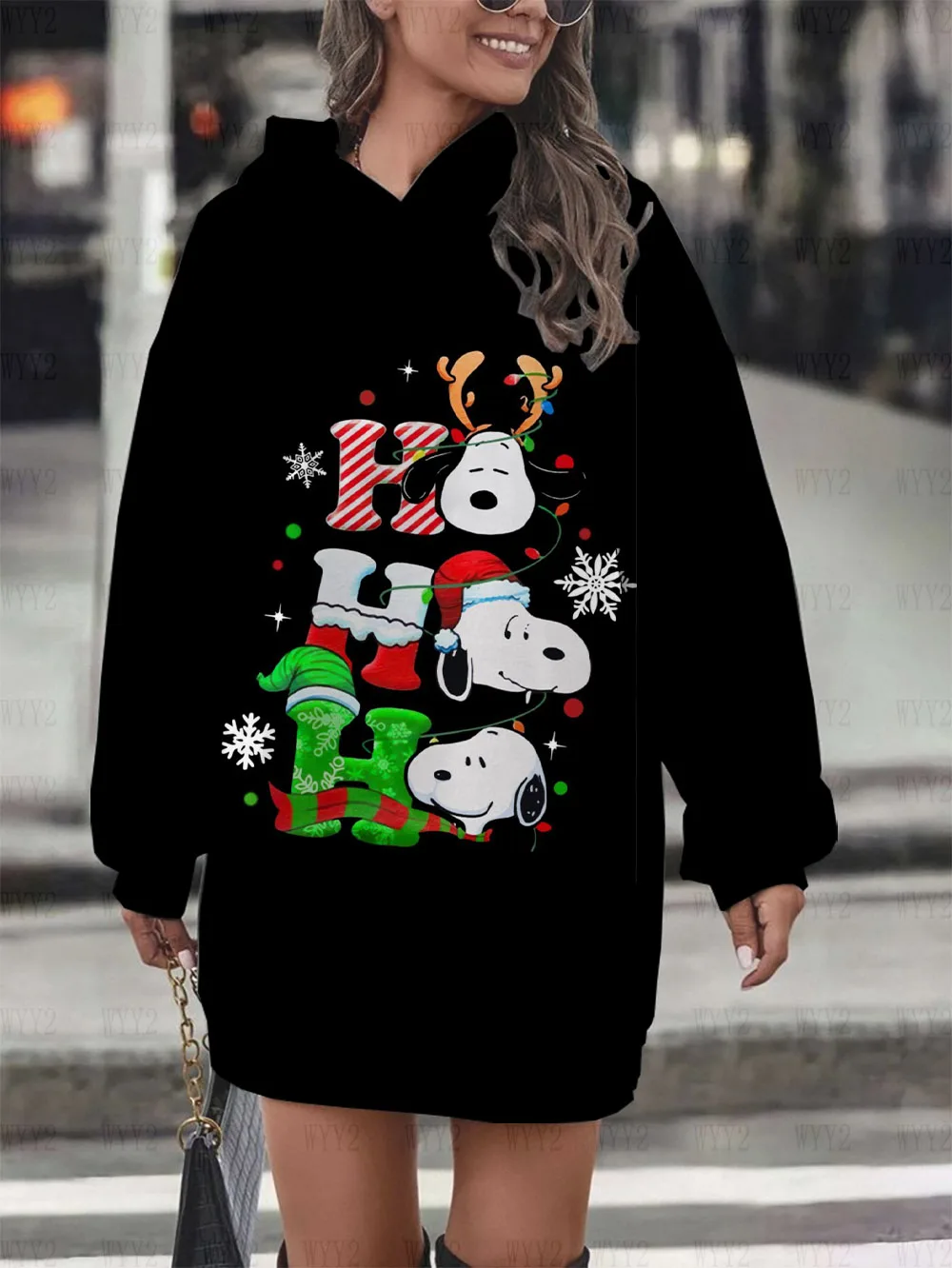 Baru Seri Natal Snoopy cetak wanita Retro Fashion Hooded Gaun kaus kasual musim gugur dan musim dingin Pullover Hoodies