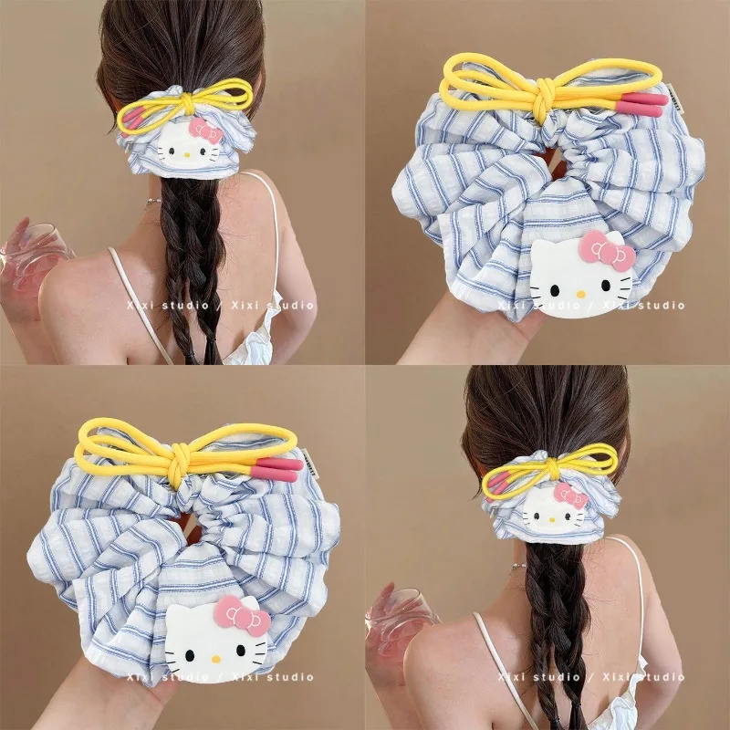 

Hello Kitty Cute Butterfly Knot Hair Rope Refreshing Blue Stripe Large Hairband Head Rope Meatball Head Rubber Band Wholesale