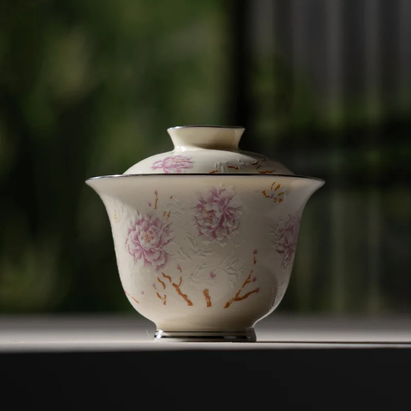 

Apricot Yellow and White Gold Two-talented Covered Tea Cup Tea Bowl Ceramic Oven Mitt Household Hand-brewed Tea Bowl Teacup
