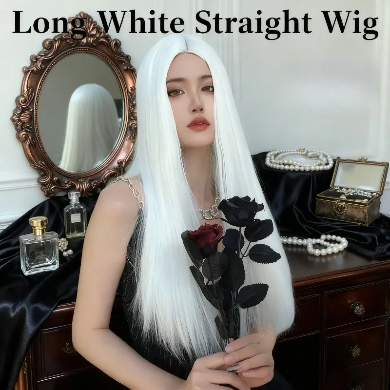 

Европейская и американская мода Белый прямой длинный синтетический парик для женщин со средней частью