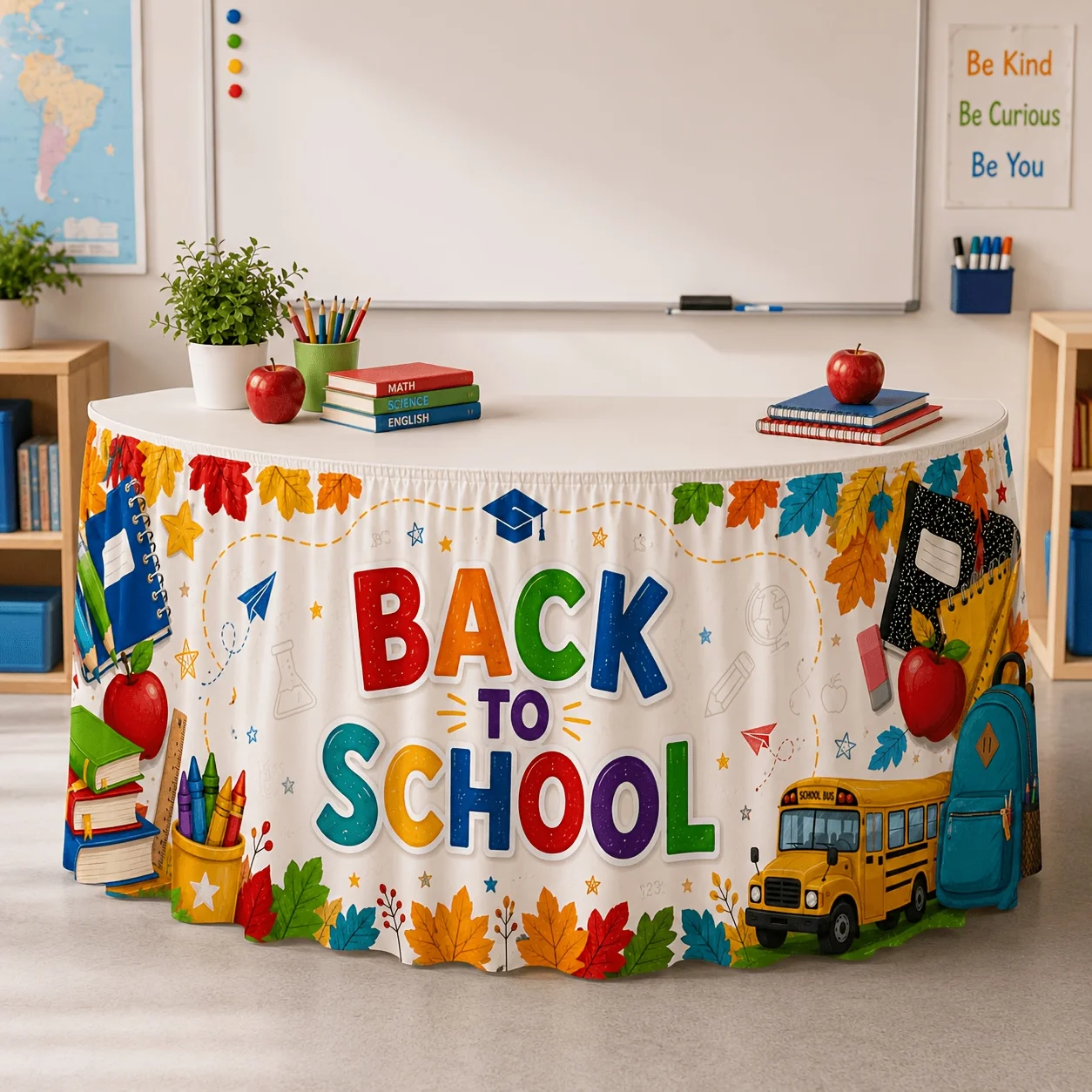 Send a tablecloth, 1 piece, Ba to School Bus Table Skirt, featuring a colorful theme of school return.