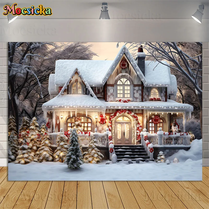 Winter Photography Background Christmas House Snowy Porch Snow Scene Xmas Party Kids Family Portrait Decor Backdrop Photo Studio