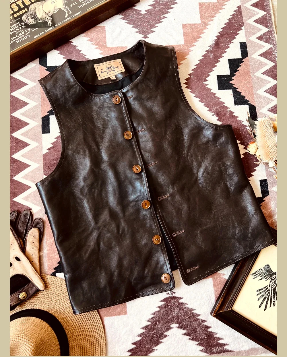 YR!Free shipping.Japanese Vintage Leather Vest.Men Slim fit Cowhide flat work vest.1910s classic casual leather cloth