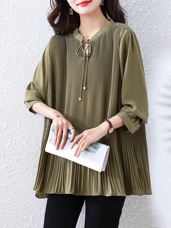 

plus Size Slimming irt Loose Spring Faion Ele Color Pleated Base irt Top for plus Size Women Commute Sle