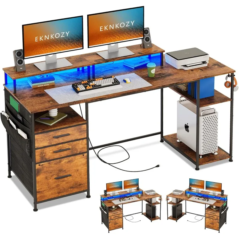 

Computer Desk with 3 File Cabinet Drawers, 57.8'' Reversible Gaming Desk with LED Lights and Power Outlets