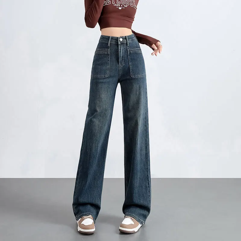 

Весенне-осенние новые женские джинсы с высокой талией, утягивающие широкие брюки