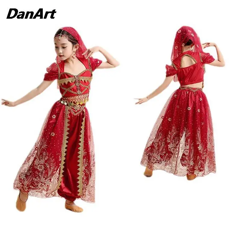 Vestido de princesa Jasmine para niños, conjunto de traje de danza del vientre para niñas, vestido de práctica de actuación, ropa de entrenamiento