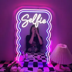 Selfie wave mirror neon decorative mirror wall decor dimmable led neon light for Bathroom Dressing table make up room decor gift