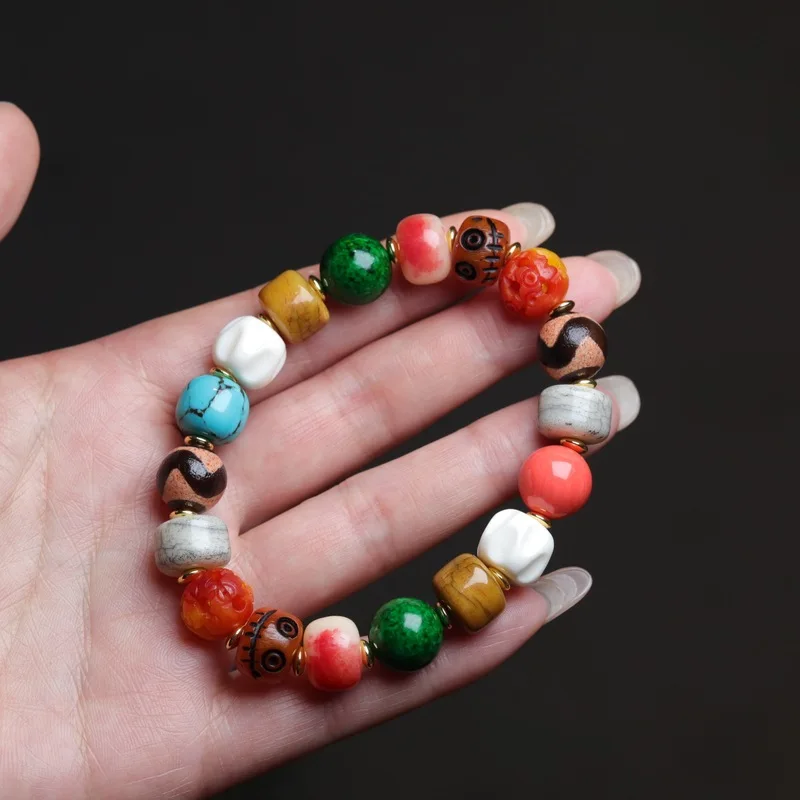 Tibetan-style vintage multi-gemstone cultural bracelet with dzi turquoise, and ox bone beads