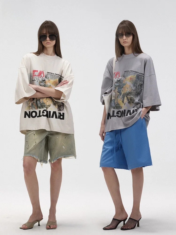 

ACSENSE STUDIO American Ro Culture Dual Color Print mid Sve Tee Women's Casual Cotton T-irt Summer Moisture ng