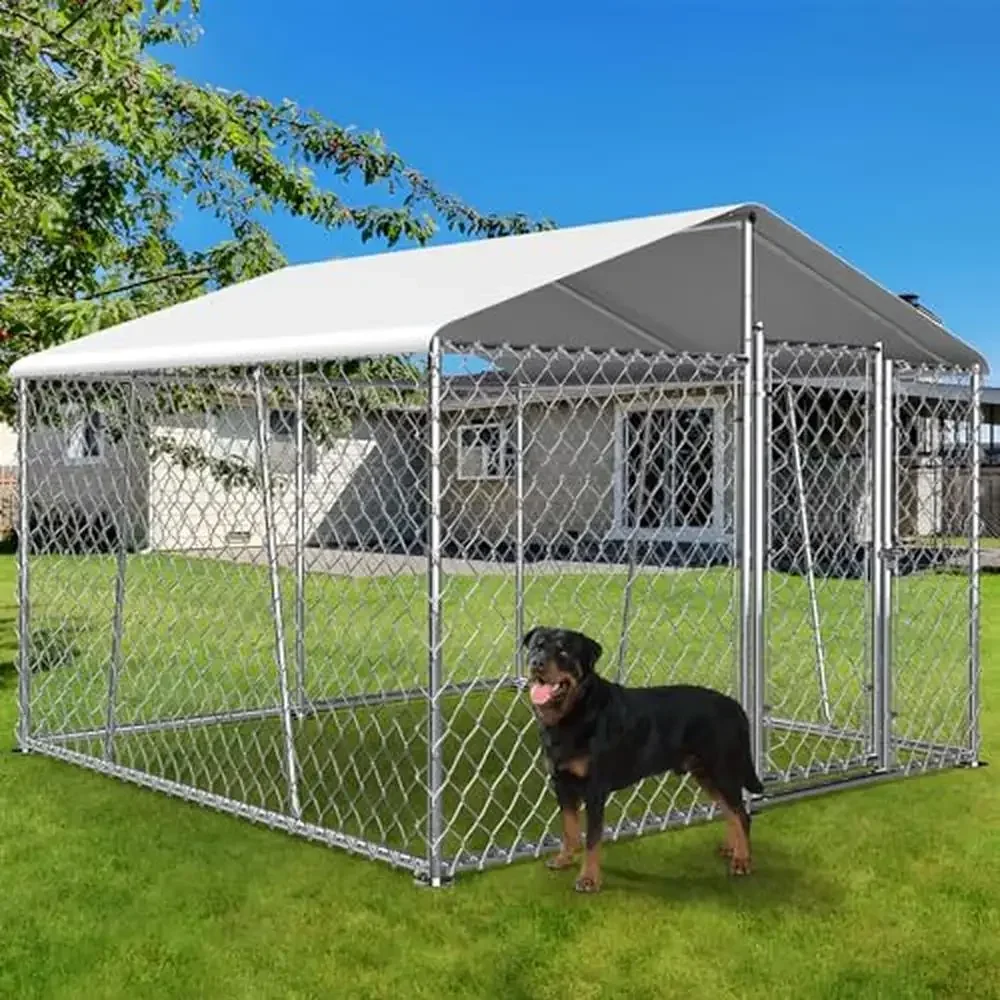 Outdoor Dog Kennel 7.5×7.5×5.6FT with Roof Large Chain Link Enclosure Pen Heavy Duty Sidebar UV-Proof Cover Waterproof DIY Dog