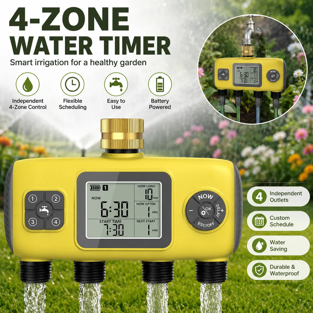4-Outlet Irrigation Water Timer LCD Display Irrigation Independent Watering Control System Garden Lawn 4 Way Watering Timer