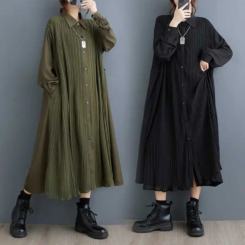

Shirt Dress Women Single Breasted Long Dresses Solid Turn Down Collar Loose Pleated Casual Vestidos Folds Pockets Autumn