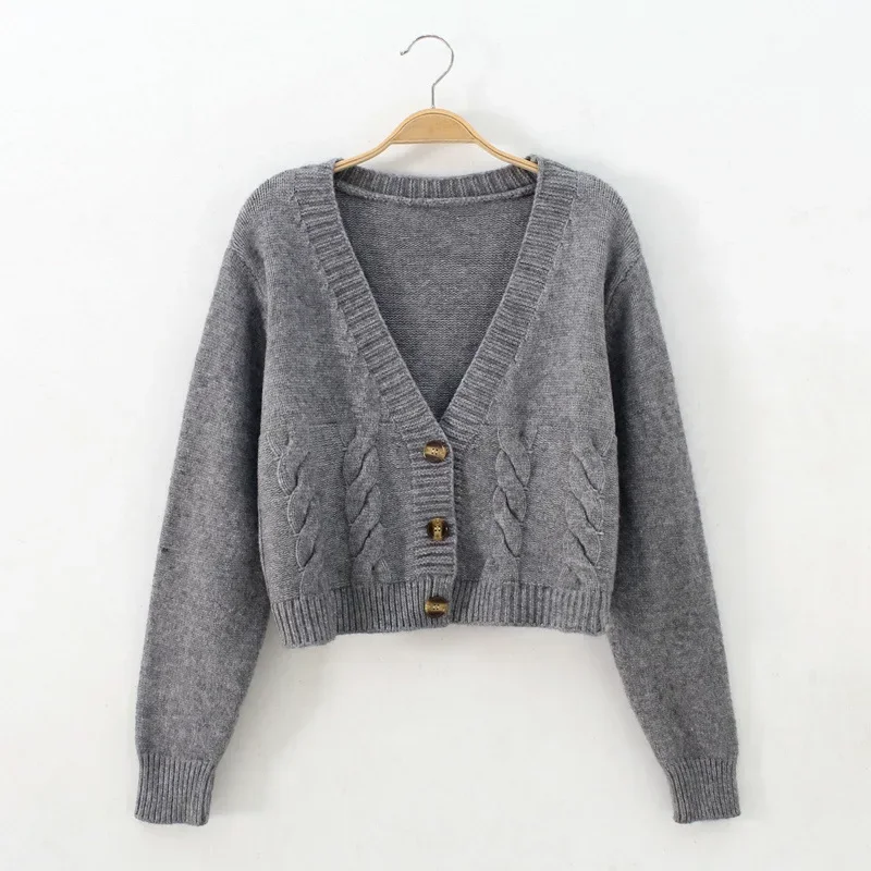 V Neck Cropped Cardigan Women Long Sleeve Twist Knitted Sweater Coats Autumn Winter Keep Warm Korean Fashion Jacket 2024 Sweater