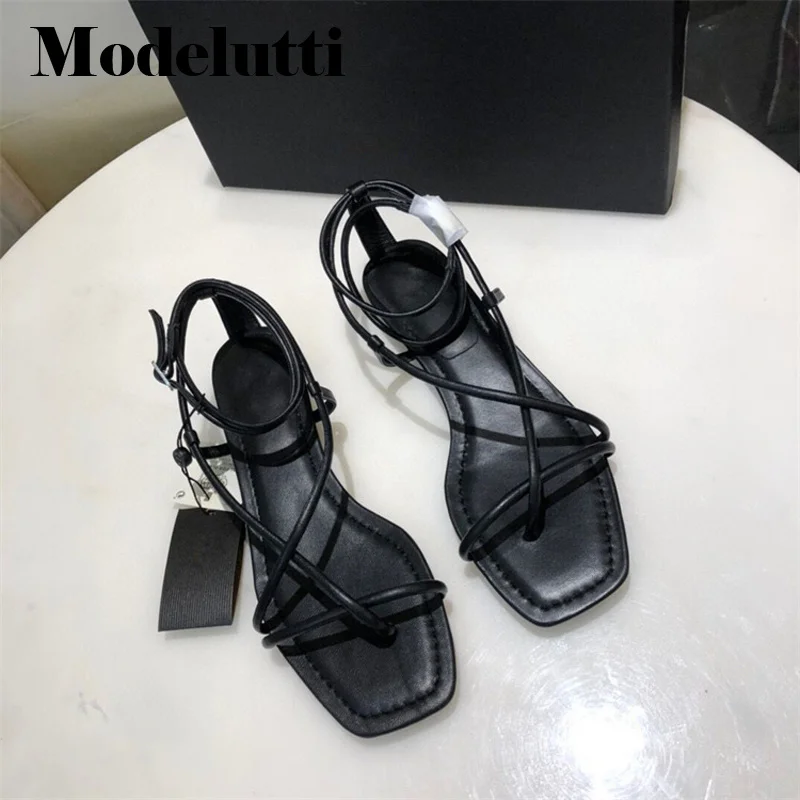 Spring 2023 New Summer Fashion Genuine Leather Thin Belt Straps Flat Sandals Women Solid Simple Casual Shoes Female