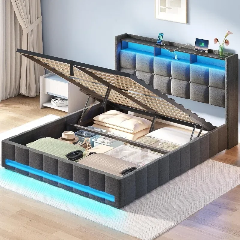 ZHENXIANG Bed Frame Full Size with Lift Up Storage, Charging Station & LED Lights, Upholstered Storage Headboard, Heavy Duty