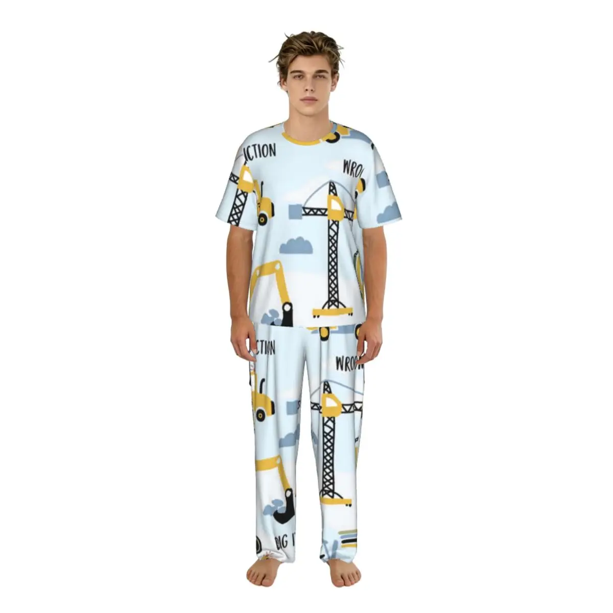 Men Pajamas Set Construction Trucks Short Sleeve Spring Summer Lounge Sleepwear Male Nightwear