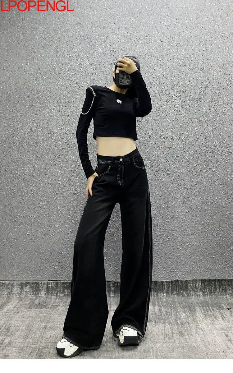 Personalized Side Color-blocked Casual Jeans For Women 2025 Spring High-waisted Loose Denim Trousers Straight Wide-leg Pants