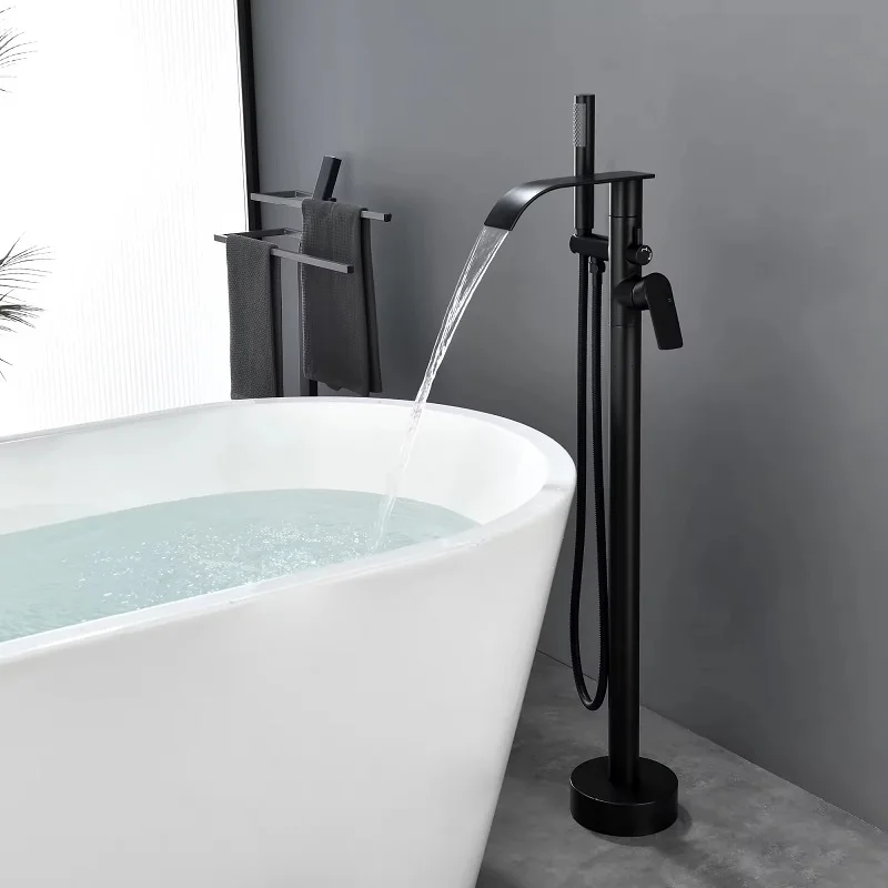 Luxury Modern floor mounted waterfall tub filler Brass 2 functional freestanding bathtub faucet with hand shower Hot cold water