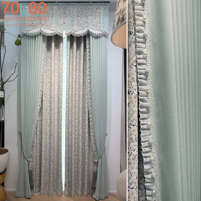 New Rural Flowers Light Green Lace Chenille Curtains for Bedroom Living Room French Window Customized Products Valance