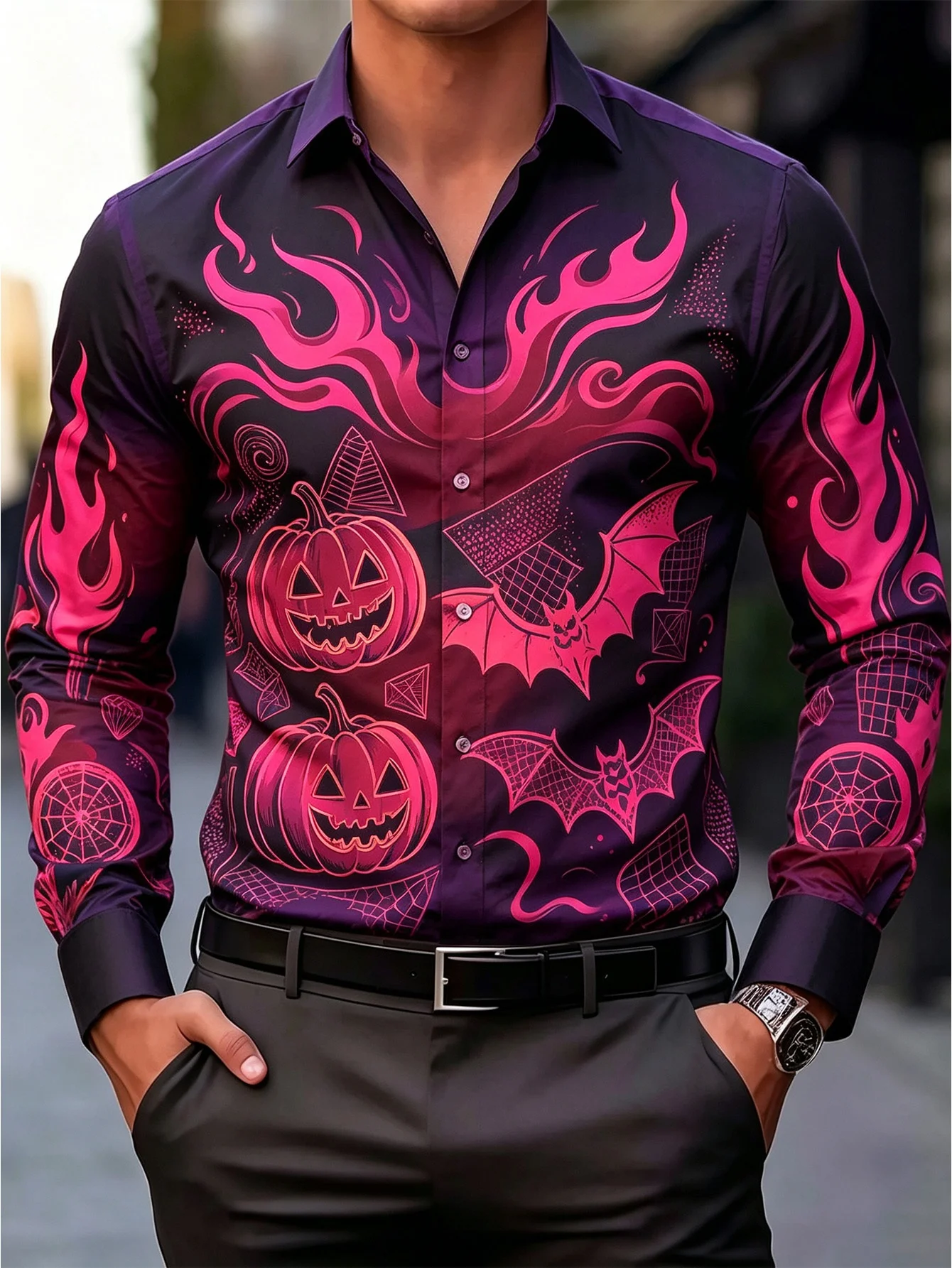 Men Long-Sleeve Button-Down Shirt Purple Pink Flame Pumpkin Bat Print Polyester Lapel Collar Halloween Party Top