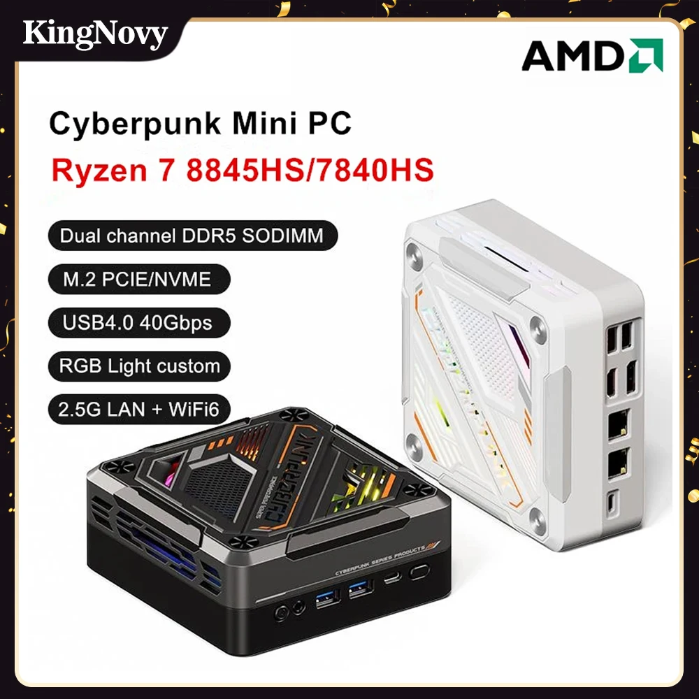 AMD 미니 PC 라이젠 7, 8845HS, 7840HS, 사이버펑크 윈도우 11, DDR5, 5600MHz, PCIE4.0, 2.5G, 2 LAN, USB4 데스크탑 미니 게임용 컴퓨터, WiFi6