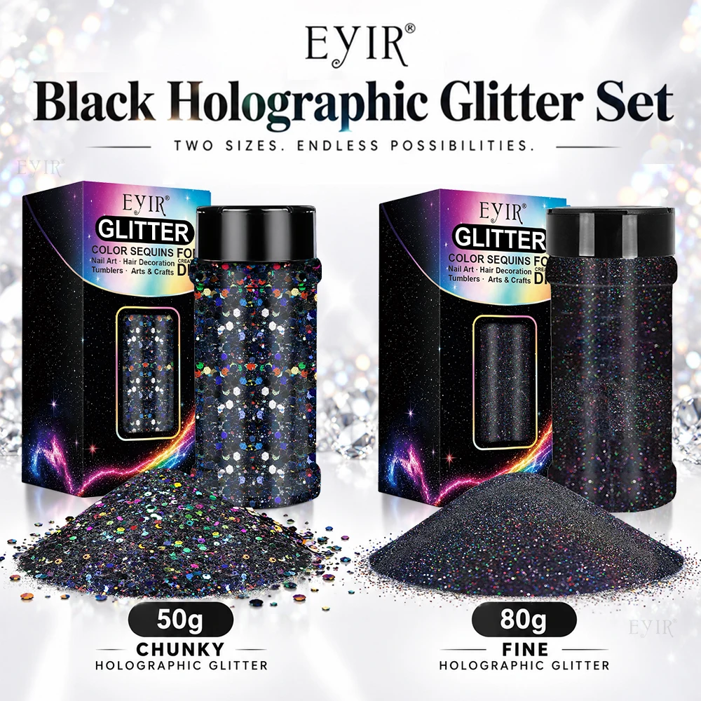 Black Holographic Glitter Set 50g Chunky 80g Fine Glitter Powder for Resin Tumbler Nail Art Crafts DIY Decoration