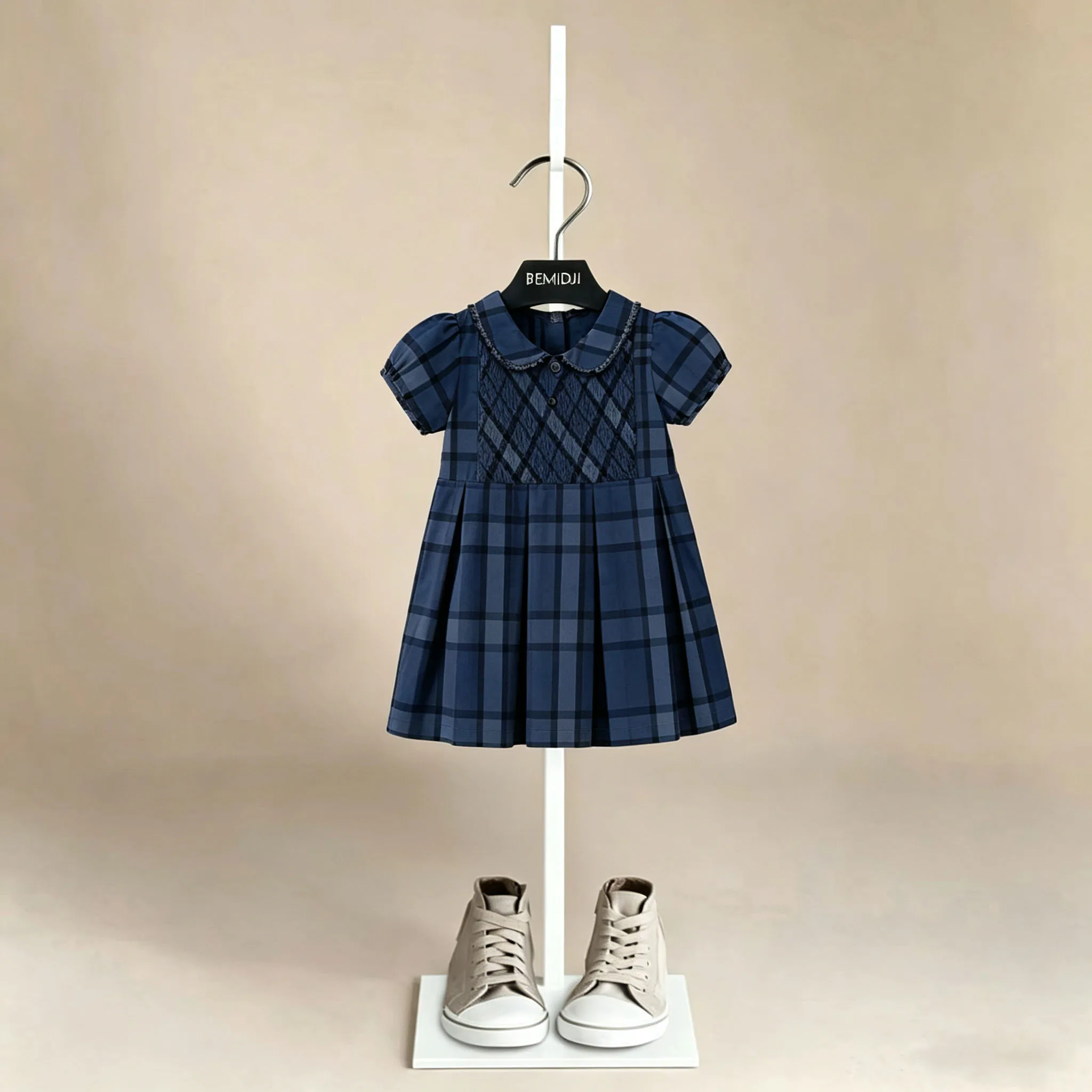 Summer  Version Girls Fashion British Style Striped Plaid Short Sleeves Dress 2-7 Years Children Vacation Casual Cute Clothing