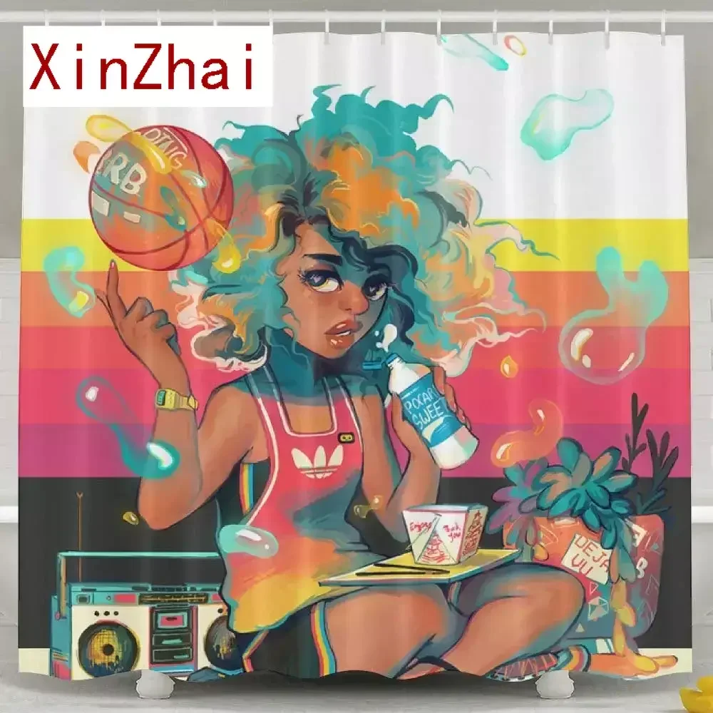 Black Basketball Girl Waterproof Polyester Shower Curtain