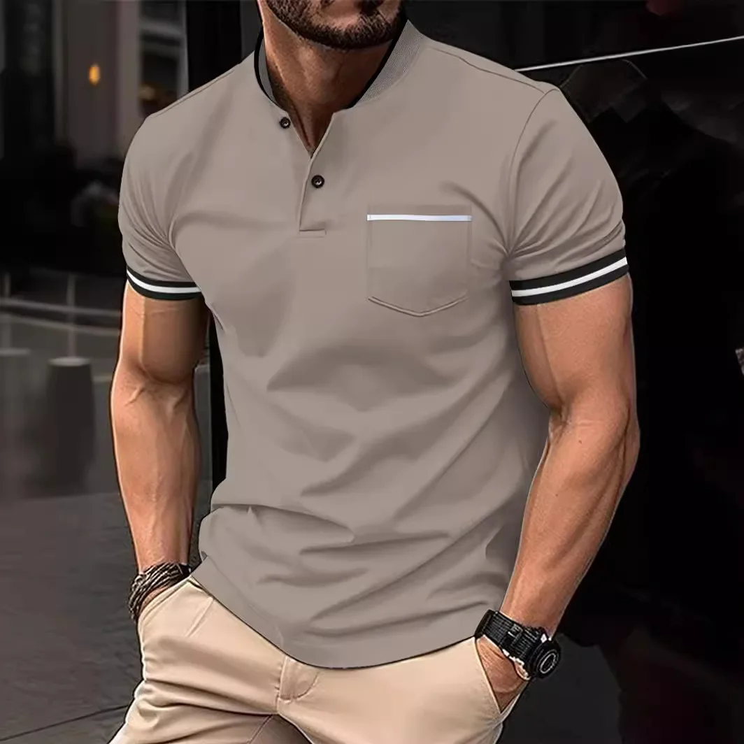 Spring Men's Short Sleeve Solid Color Stand-Up Neck Pocket Polo Shirt