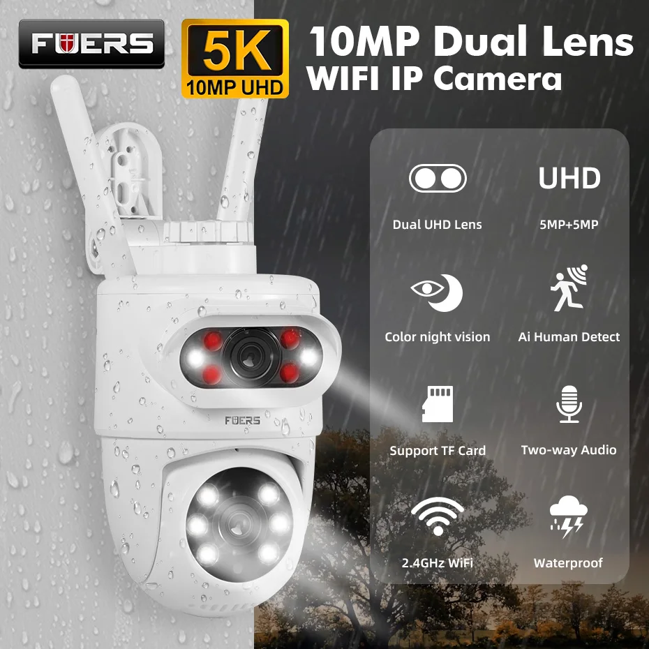 FUERS 5K 10MP telecamera IP a doppia lente Tuya Smart Home Security Auto Tracking allarme Wireless WIFI CCTV telecamera esterna di sorveglianza