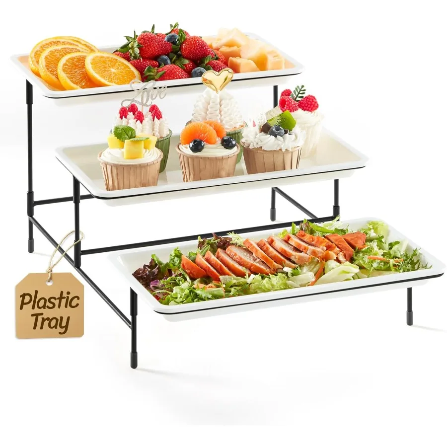 

3 Tier Serving Tray 12 x 6.5 White Plastic Tiered Food Serving Platters with Black Collapsible Metal Stand Ideal for Party Dess