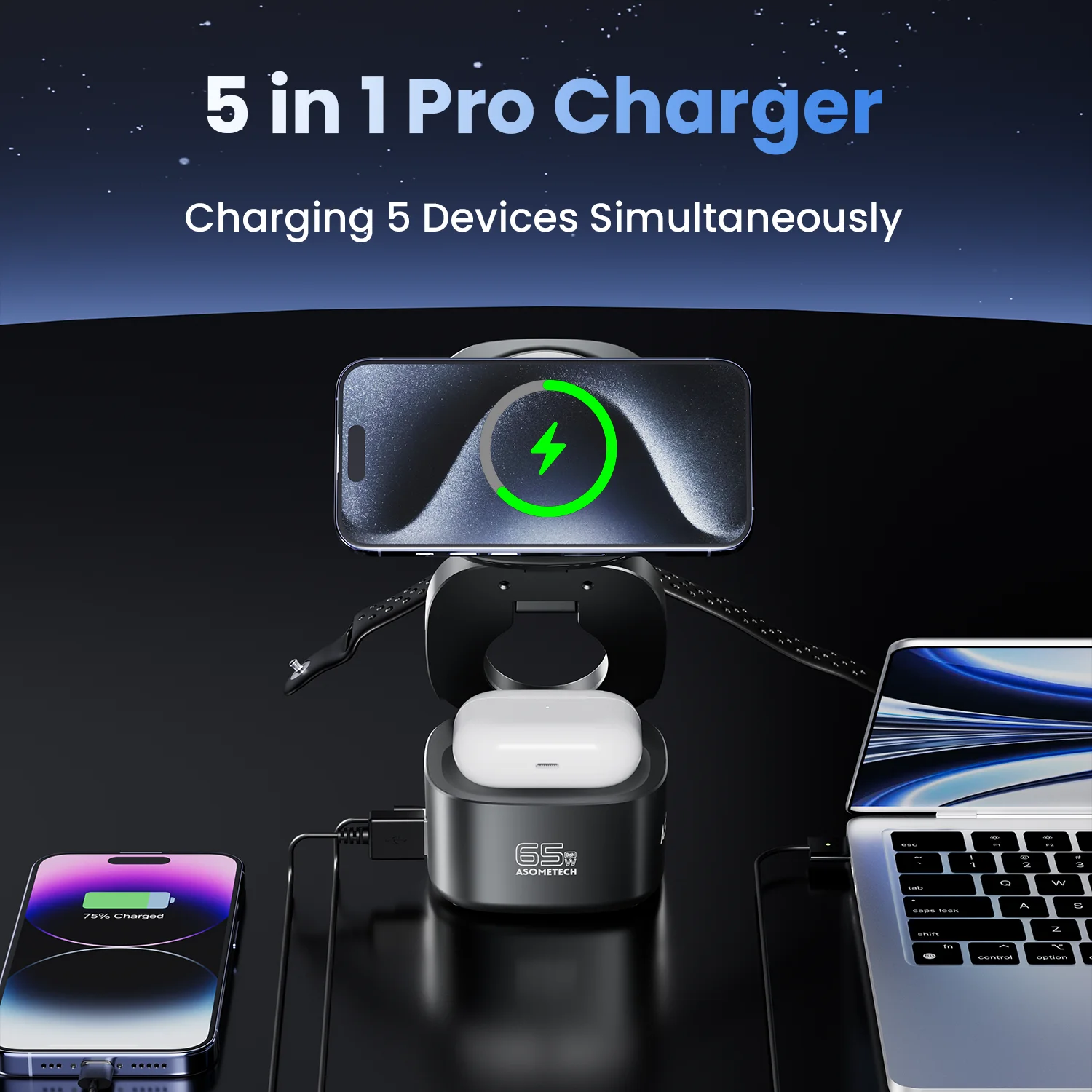 Magnetic 5 in 1 Wireless Charger Stand For iPhone 16/15/14 65W GaN Fast Charging Dock Station For MacBook Apple Watch AirPods view 5