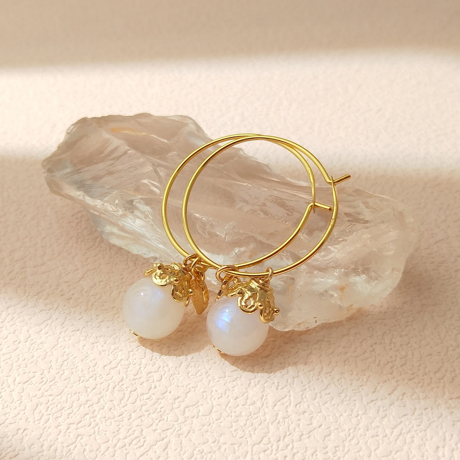 Lii Ji Gemstone Natural Moonstone 10mm 925 Sterling Silver 18K Gold Plated Leaves Hoop Earrings