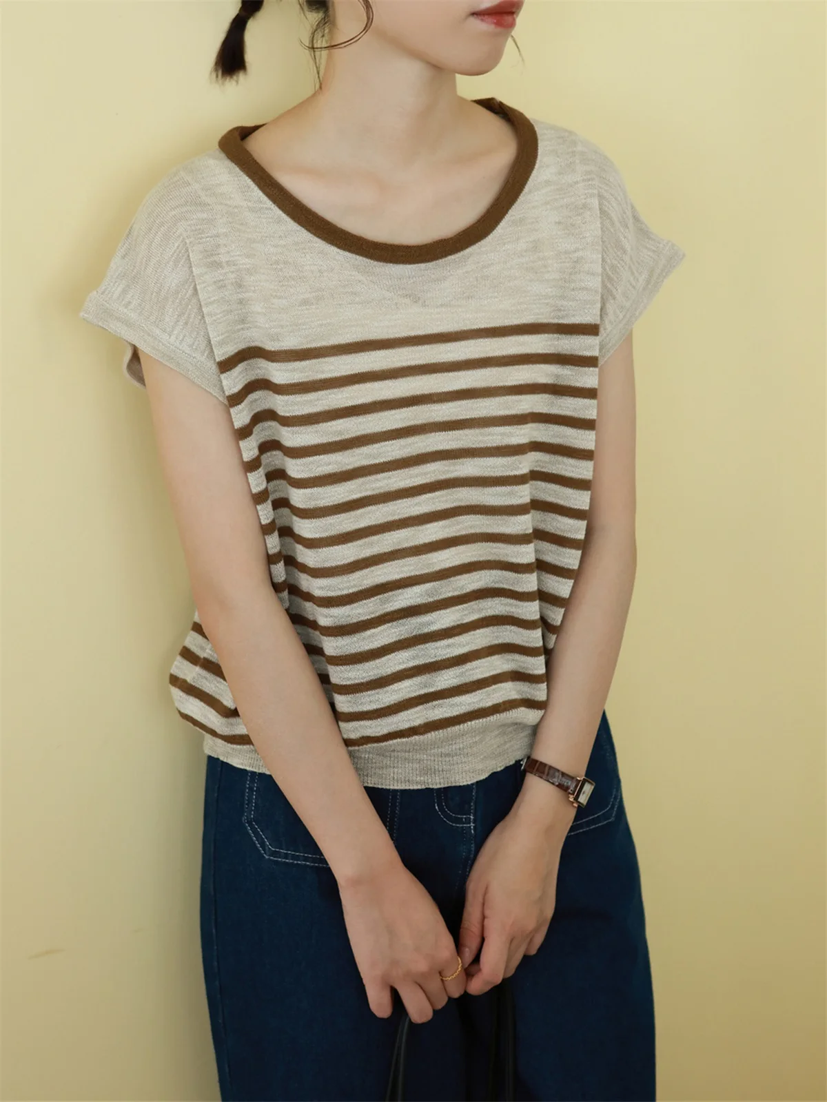 

Annuus Summer New Loose Fit Thin Linen Knitted Stripe Top Women's Faion Casual round Ne ort Sve T-irt