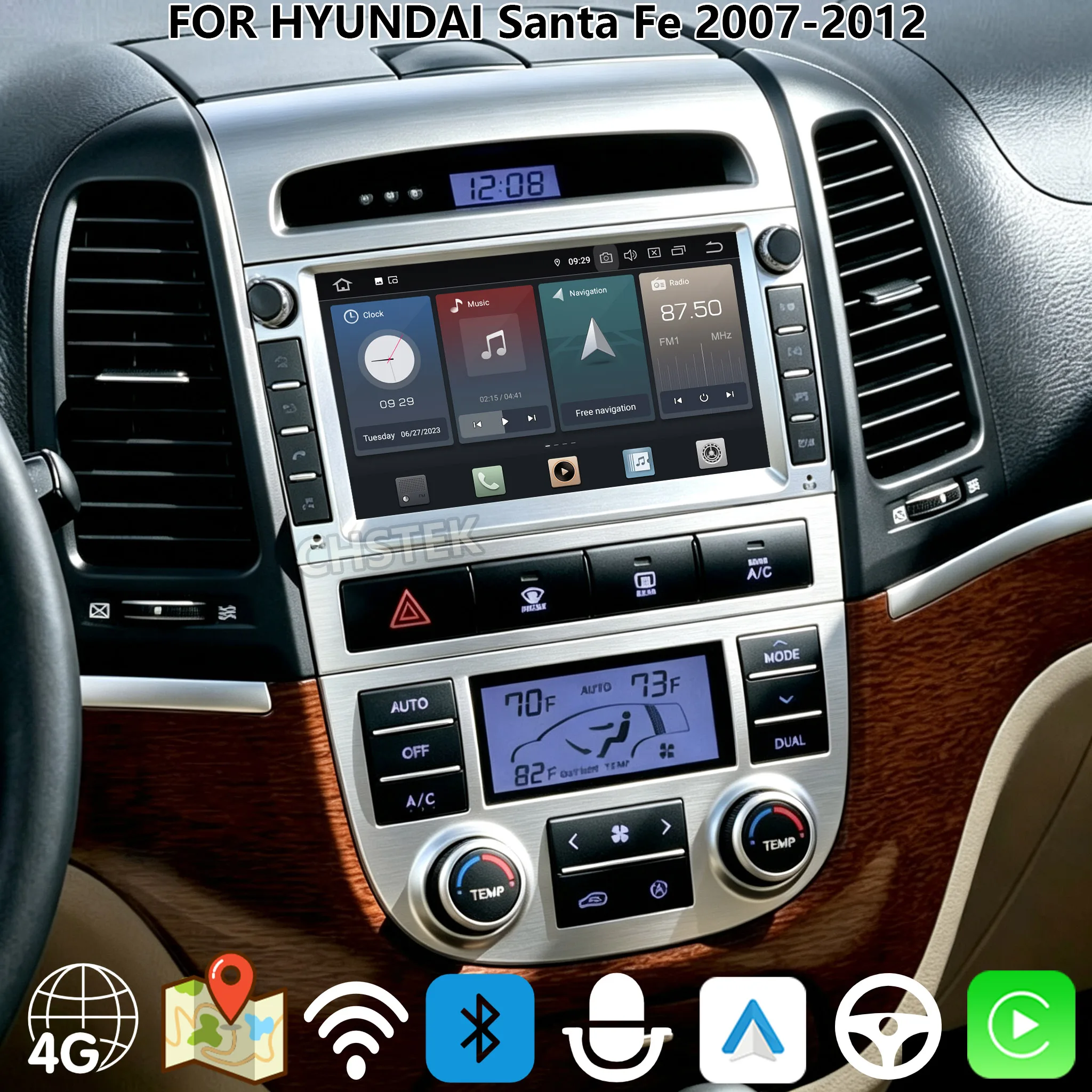 Автомагнитола CHSTEK на Android 14 для Hyundai Santa Fe 2007-2012 с беспроводным CarPlay, 4G, Wi-Fi, GPS, мультимедиа, Bluetooth, стерео
