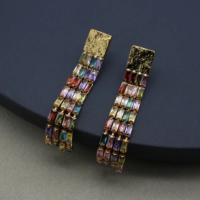 Heavy Craft Rectangular Tassel Earrings 24k Real Gold Colorful Zircon Luxury Earrings Jewelry Accessory Birthday Gifts for Women