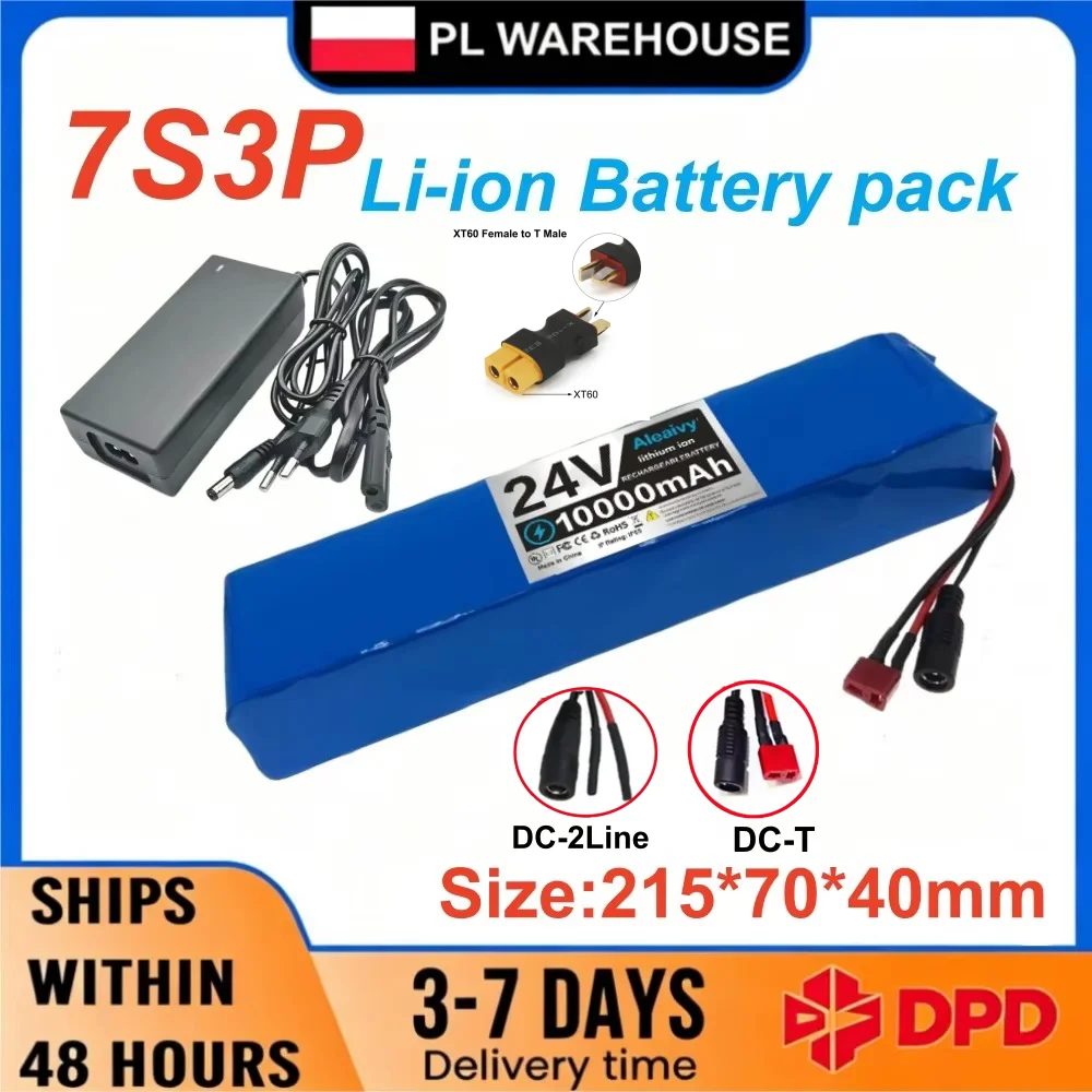 7S3P 24V 10Ah wiederaufladbarer Lithium-Akku mit Ladegerät, passend für 250W 350W Motor, Ersatzakku für Elektroroller, E-Bike, Faltrad, Ersatzteile