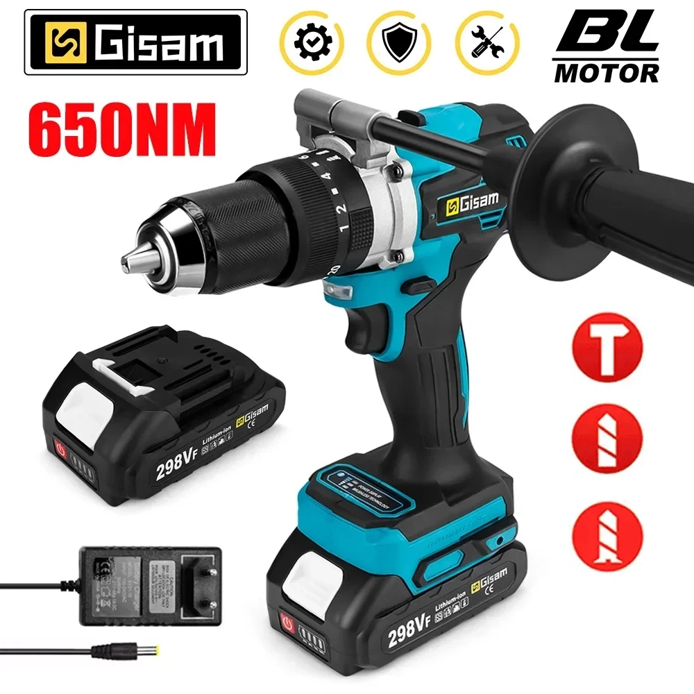 Gisam 650NM Brushless Electric Impact Drill 13MM Chuck Driver Cordless Electric Screwdriver Tool for Makita 18V Battery Pins