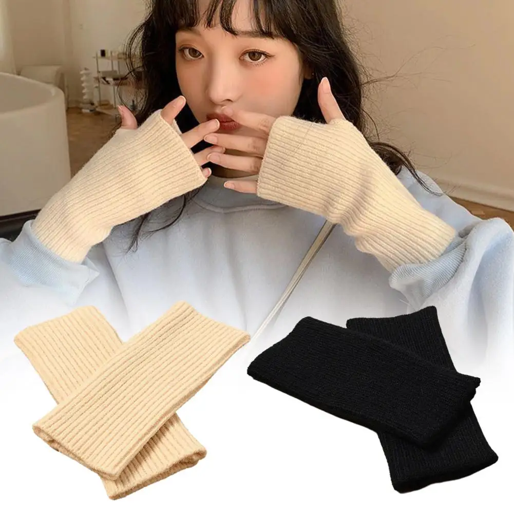 Solid Half Finger Gloves for Women Winter Soft Warm Wool Knitting Arm Gloves Writting Warm Mittens Handschoenen Guantes J6B7