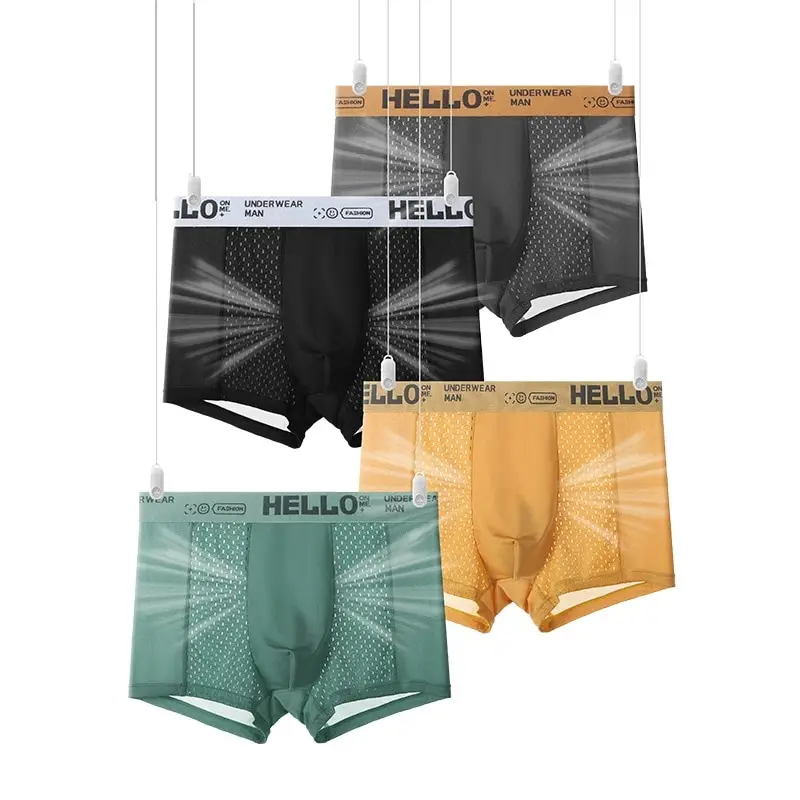 [4 Pack] Men\'s Underwear Ice Silk Mesh Hole Solid Color Comfortable Boyshort Letter HELLO Underpant Briefs