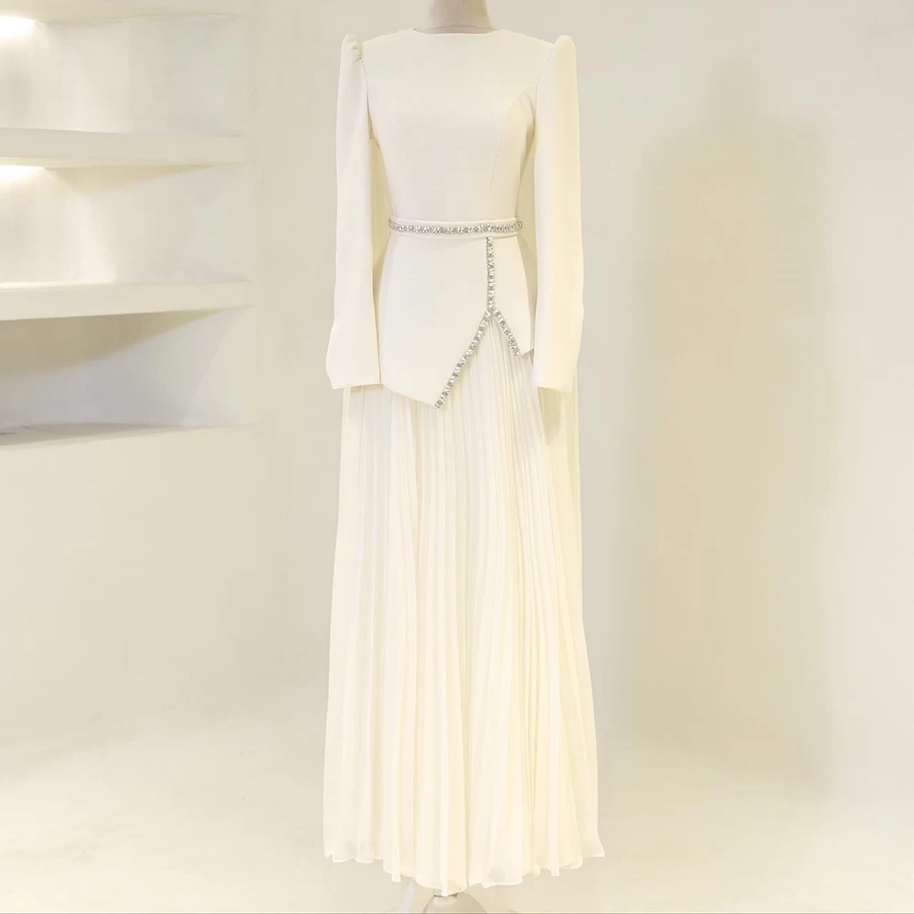 

Вечерние платья трапециевидной формы по индивидуальному заказу, длиной до пола, с круглым вырезом и длинными рукавами, платье для выпускного вечера, модное кристальное простое драпированное изысканное вечернее платье