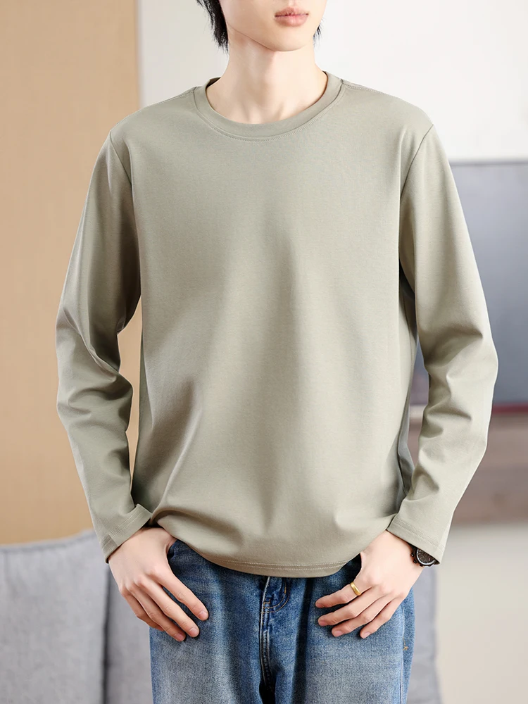 

Spring and summer new 100% high-density cotton men's O-neck thin pullover simple casual plus long-sleeved shirt