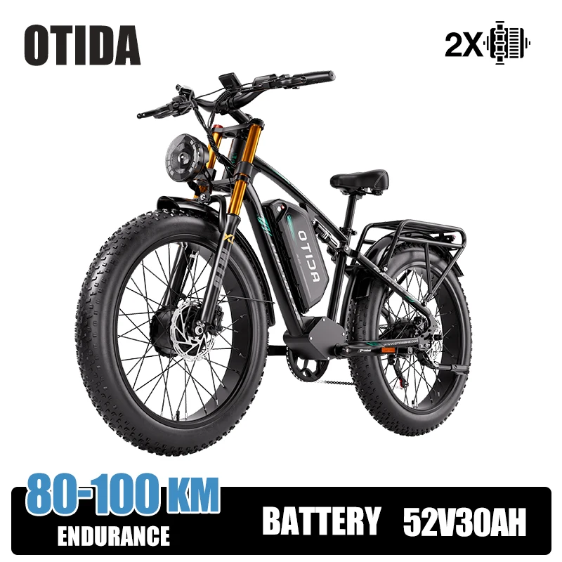 BURCHDA-X2PRO Off-road elektrische fiets met dubbele motor, 52V30Ah, 26 inch dikke banden, hydraulische remmen, elektrische mountainbike voor volwassenen