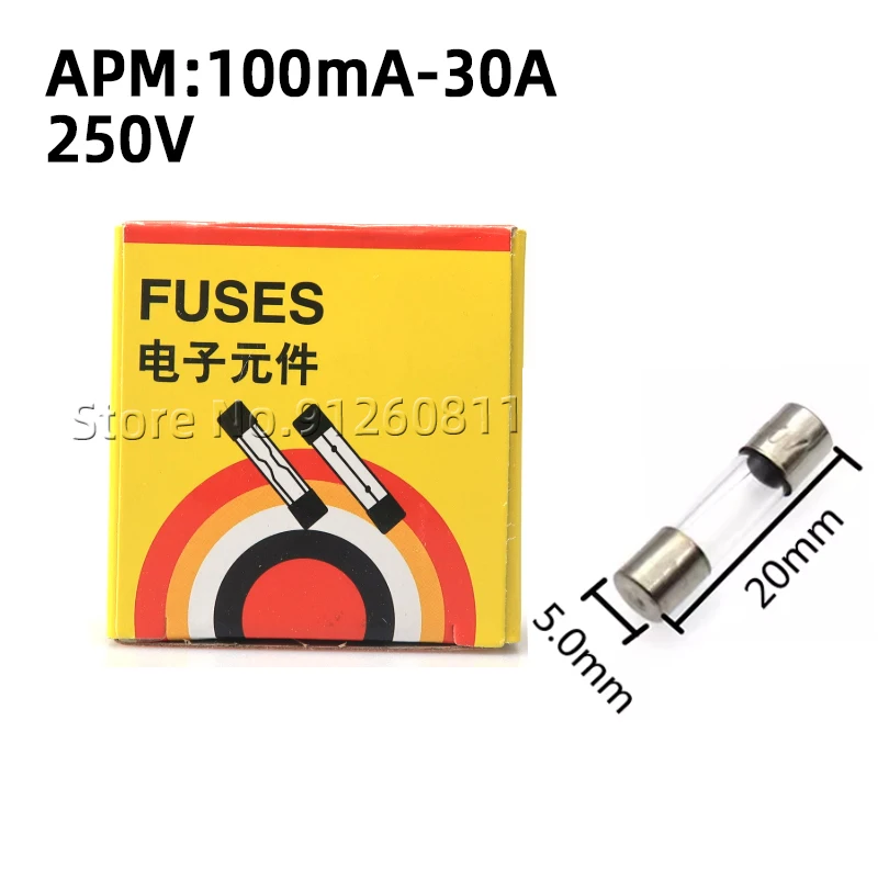 20PCS 5x20mm Glass Fuse 250V 0.2A 0.5A 1A 2A 3A 3.15A 4A 5A 6A 6.3A 8A 10A 15A 20A 5*20 The Multimeter Fuses Auto Insurance Tube