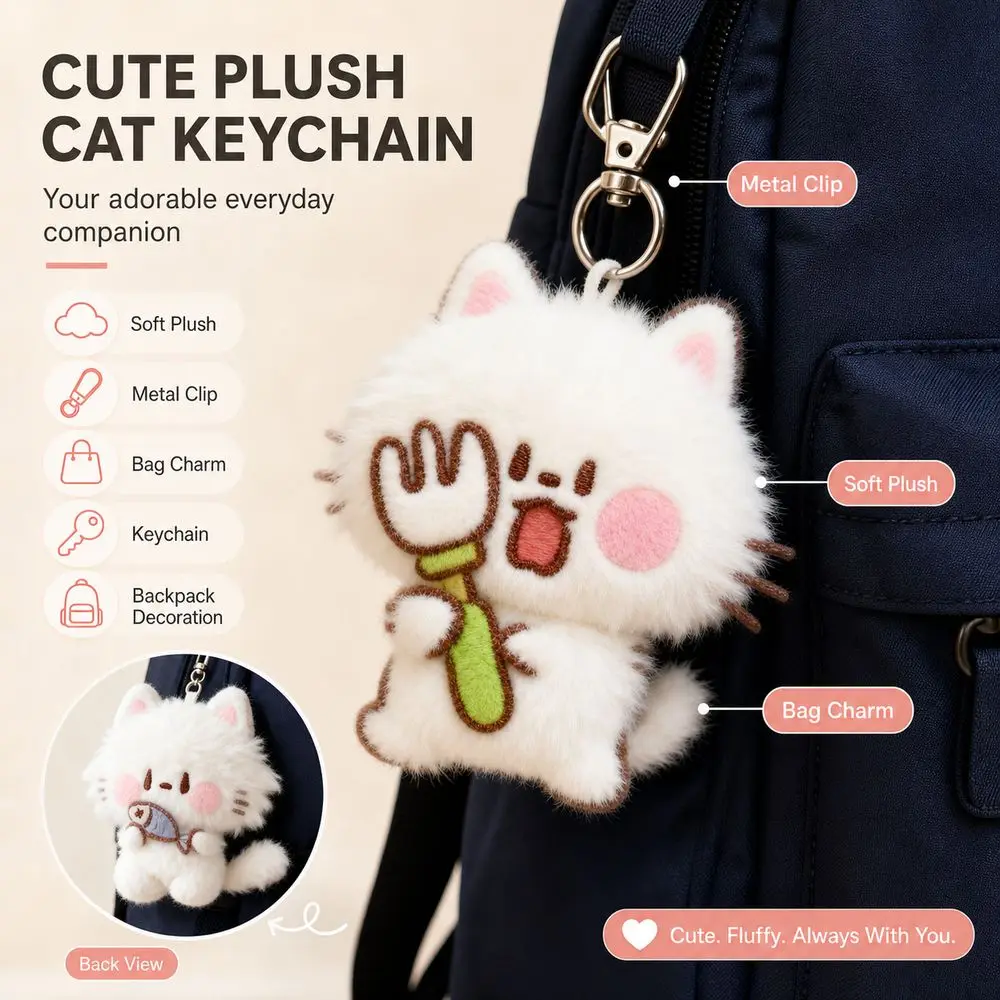 Gifts Soft Touch Cat Keychain Metal Clip Hanging Stuffed Cat Pendant Cartoon Cat Cat Bag Charm Purse Decoration