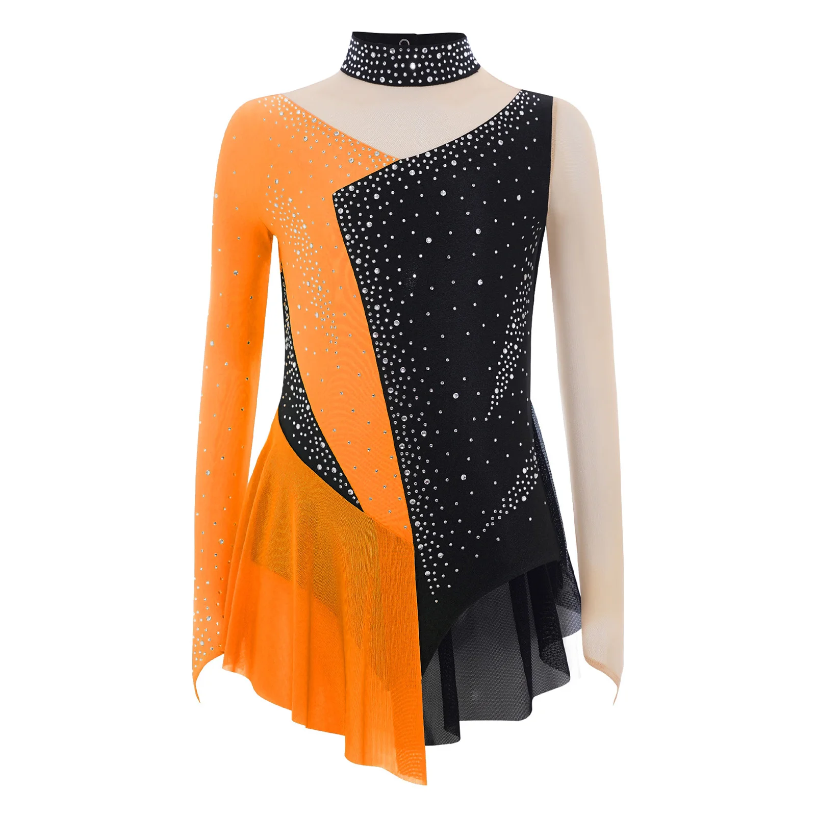 Kids Girls Figure Skating Dress Long Sleeve Sheer Mesh Gymnastics Ballet Leotard Sparkly Rhinestone Rhythmic Dance Bodysuit