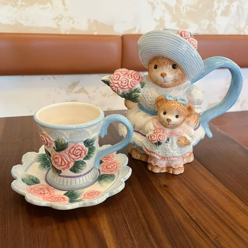 European style countryside hand-painted tea cup set,tea pot,retro teddy bear afternoon tea coffee cup,home decoration ornaments